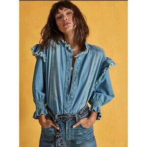 Free People We The Free Louise Denim Chambray Ruffle Button-Up Top Size Small